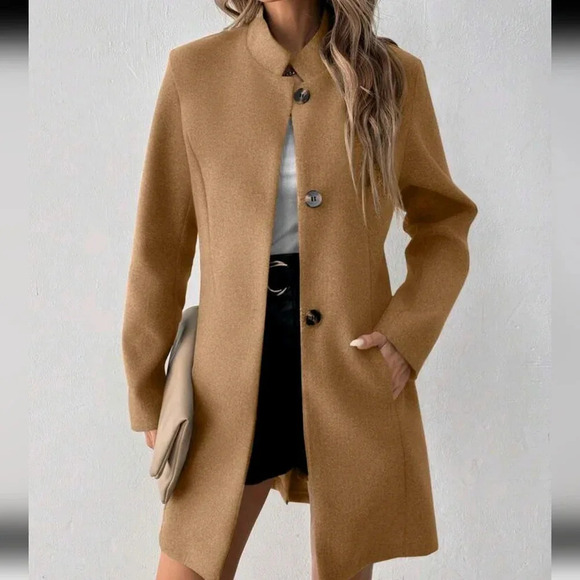 Camel Button-Up Fitted Long Sleeve Women Jacket - Picture 1 of 7